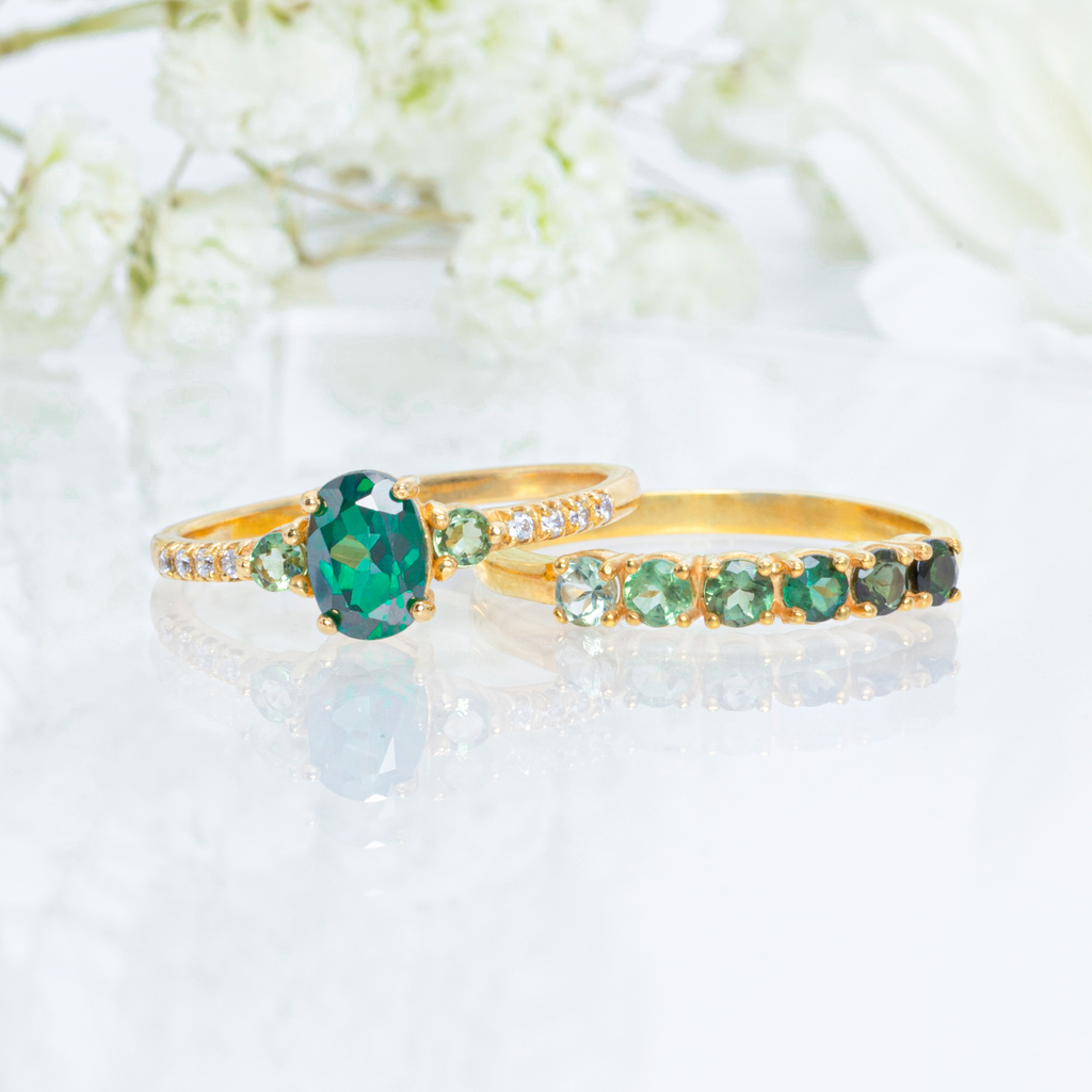 Green topaz ring and ombre green tourmaline eternity band in 18k gold vermeil group image