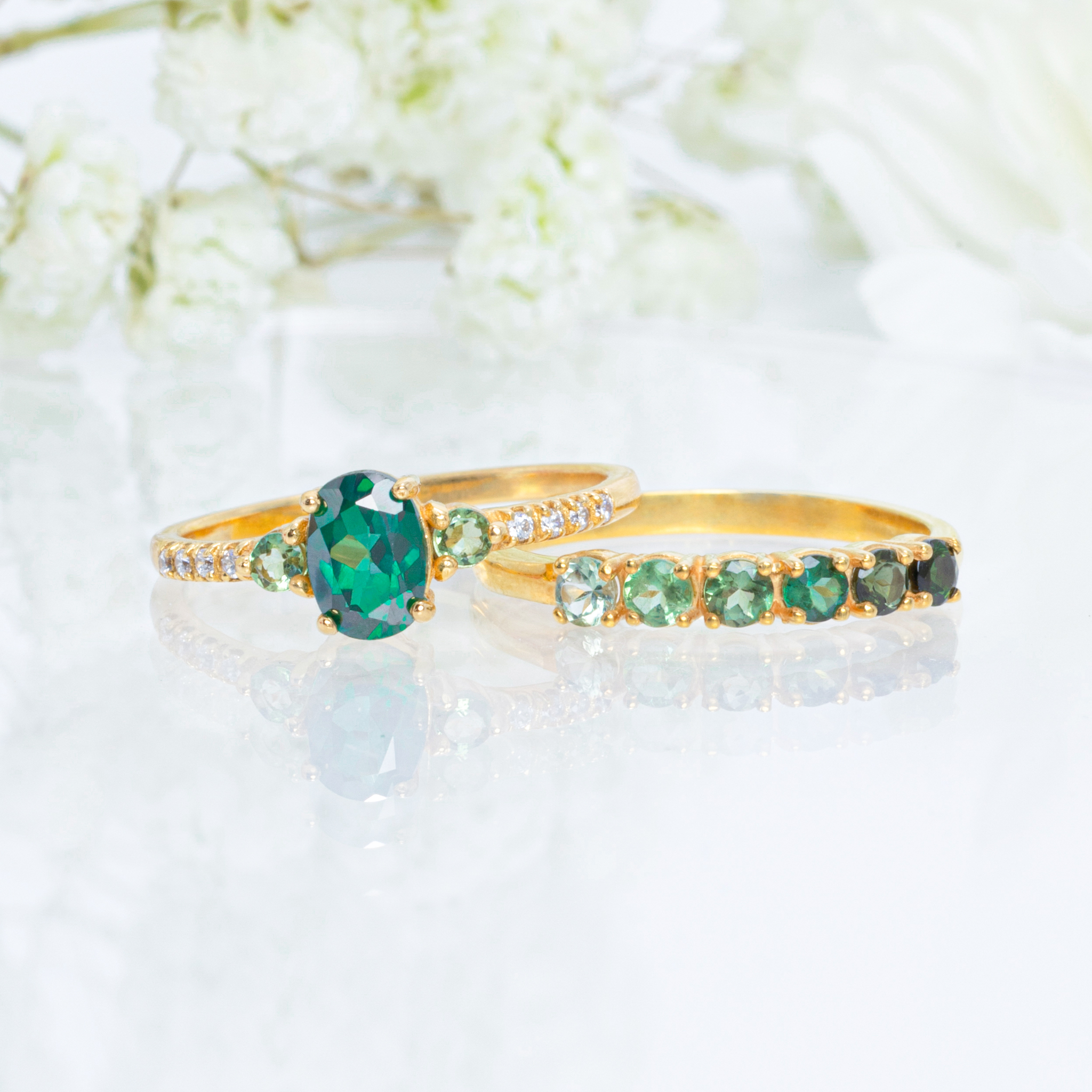 Green topaz ring and ombre green tourmaline eternity band in 18k gold vermeil group image