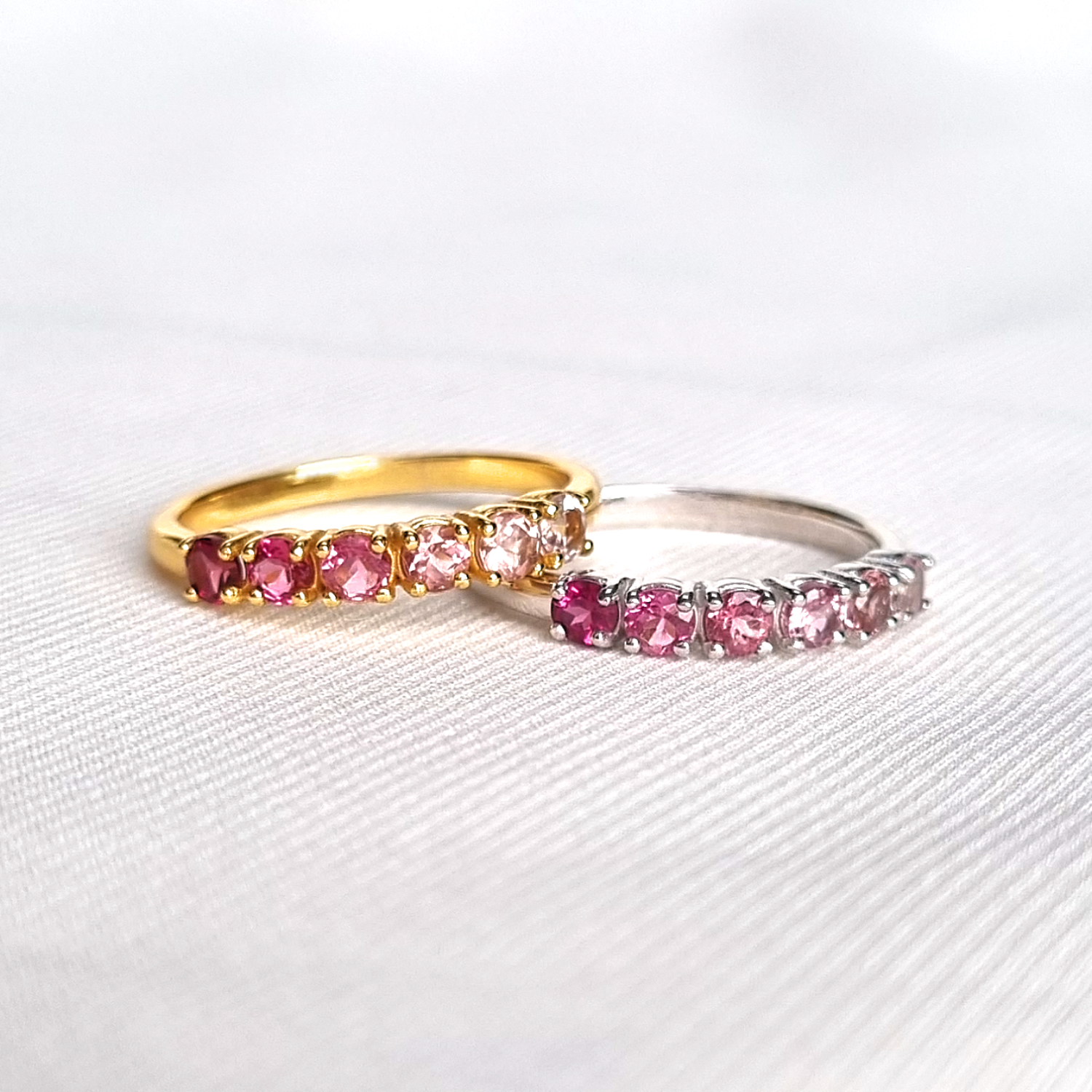 Ombre pink tourmaline eternity rings in sterling silver and gold vermeil group image
