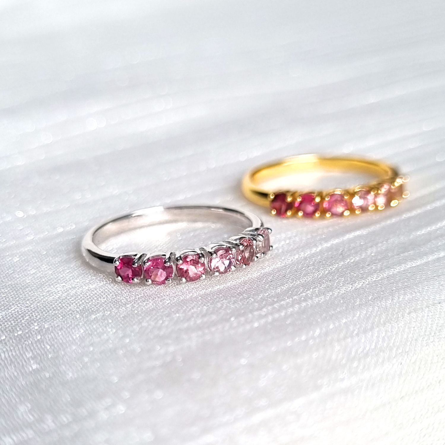 Ombre pink tourmaline eternity rings in sterling silver and 18k gold vermeil group image