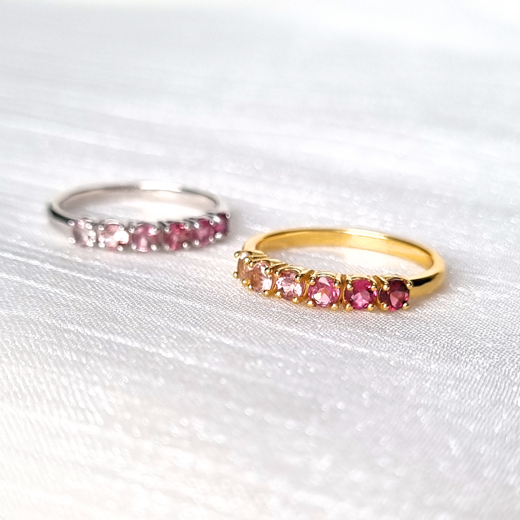 Ombre pink tourmaline eternity rings in sterling silver and gold vermeil group image
