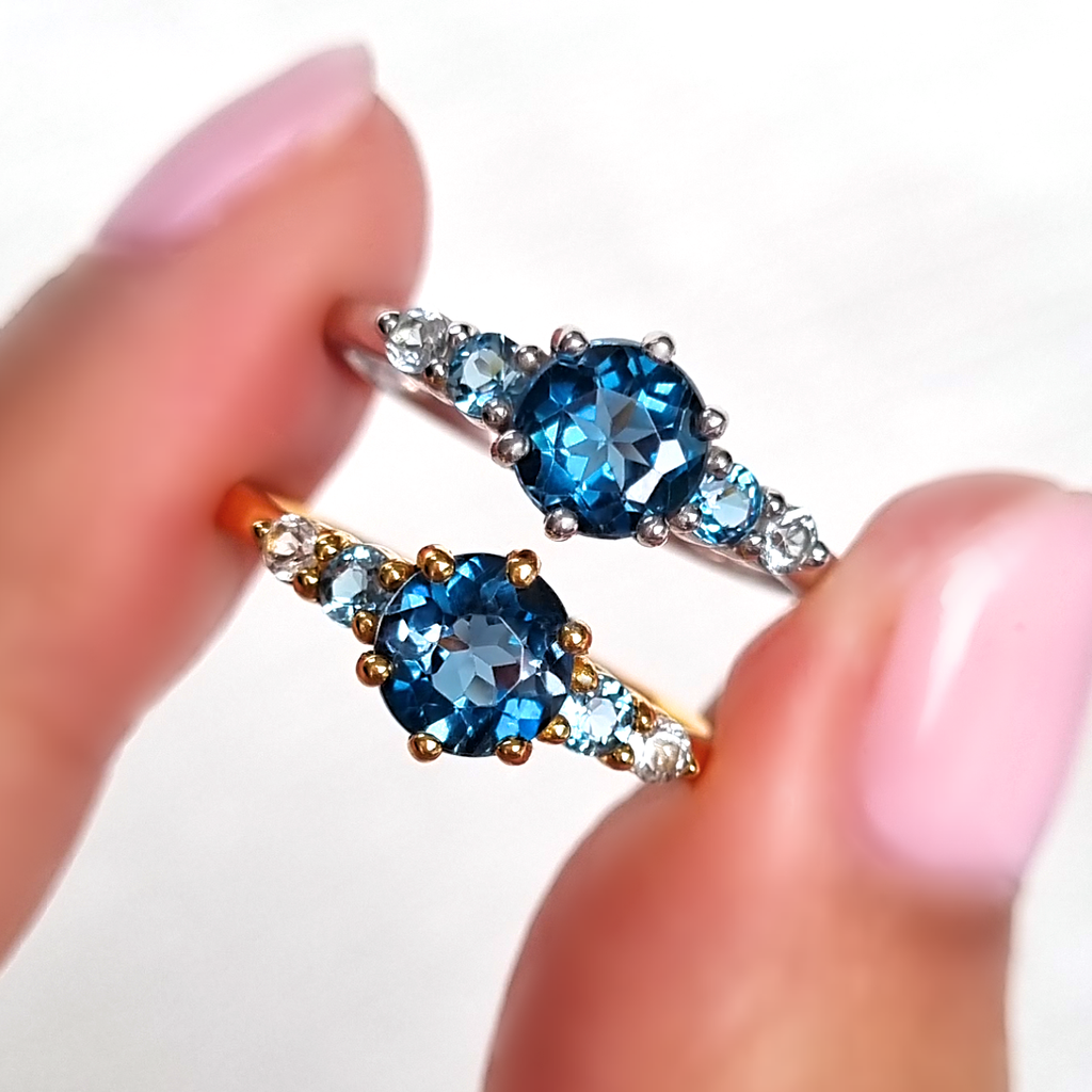 Ombre blue topaz five stone rings in sterling silver and 18k gold vermeil product group