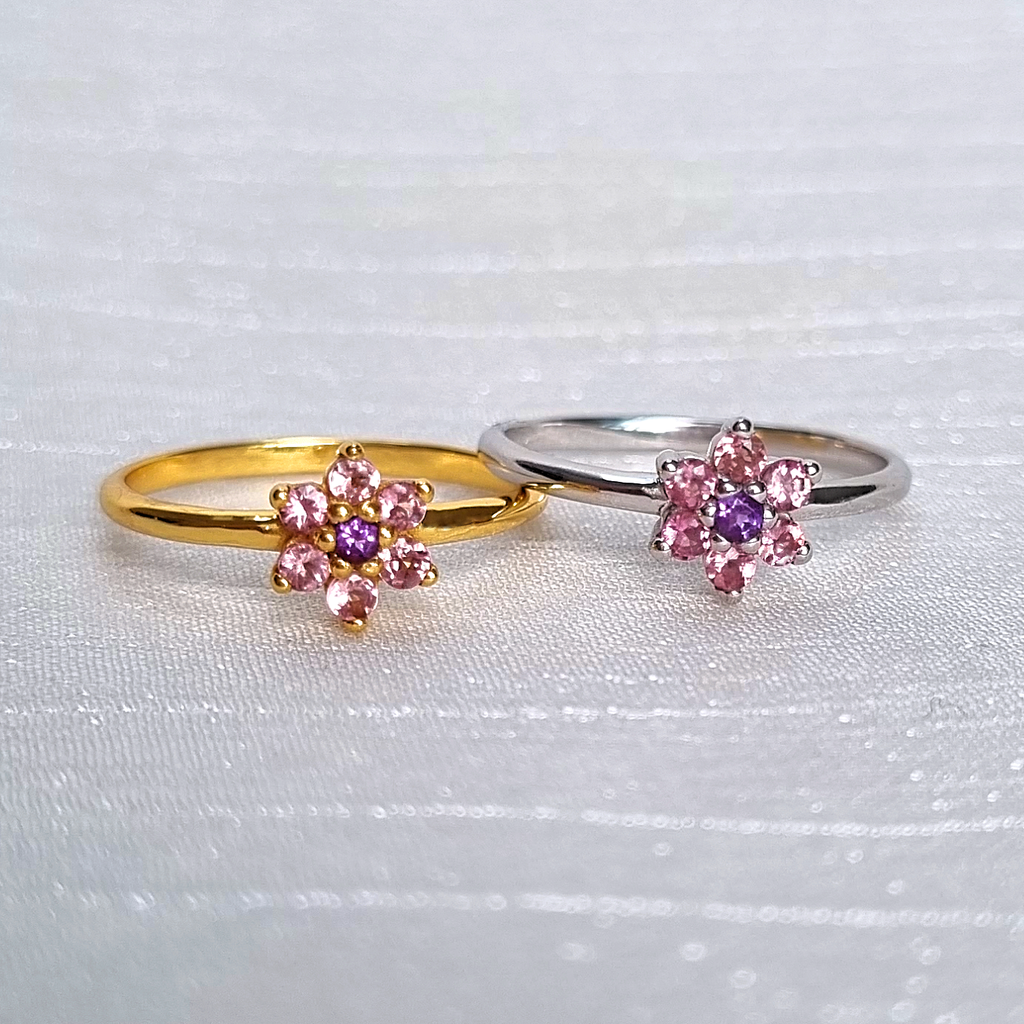 Pink tourmaline and amethyst flower rings in sterling silver and 18k gold vermeil group image