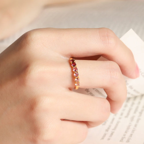 Ombre pink tourmaline eternity band in 18k gold vermeil on hand