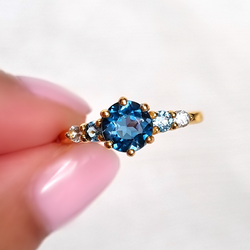 Ombre blue topaz five stone ring in 18k gold vermeil lifestyle image