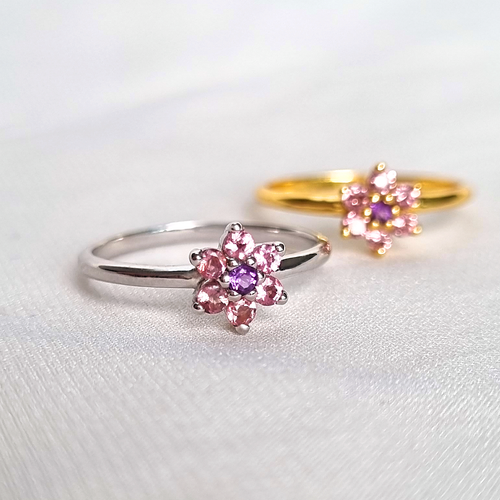 Pink tourmaline and amethyst flower rings in sterling silver lifestyle image