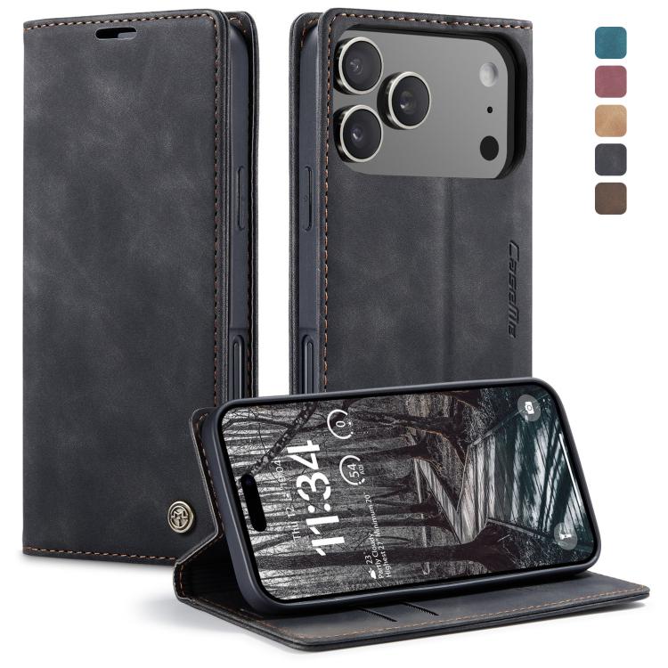 Black CaseMe 013 horizontal flip iPhone 17 Pro wallet stand case