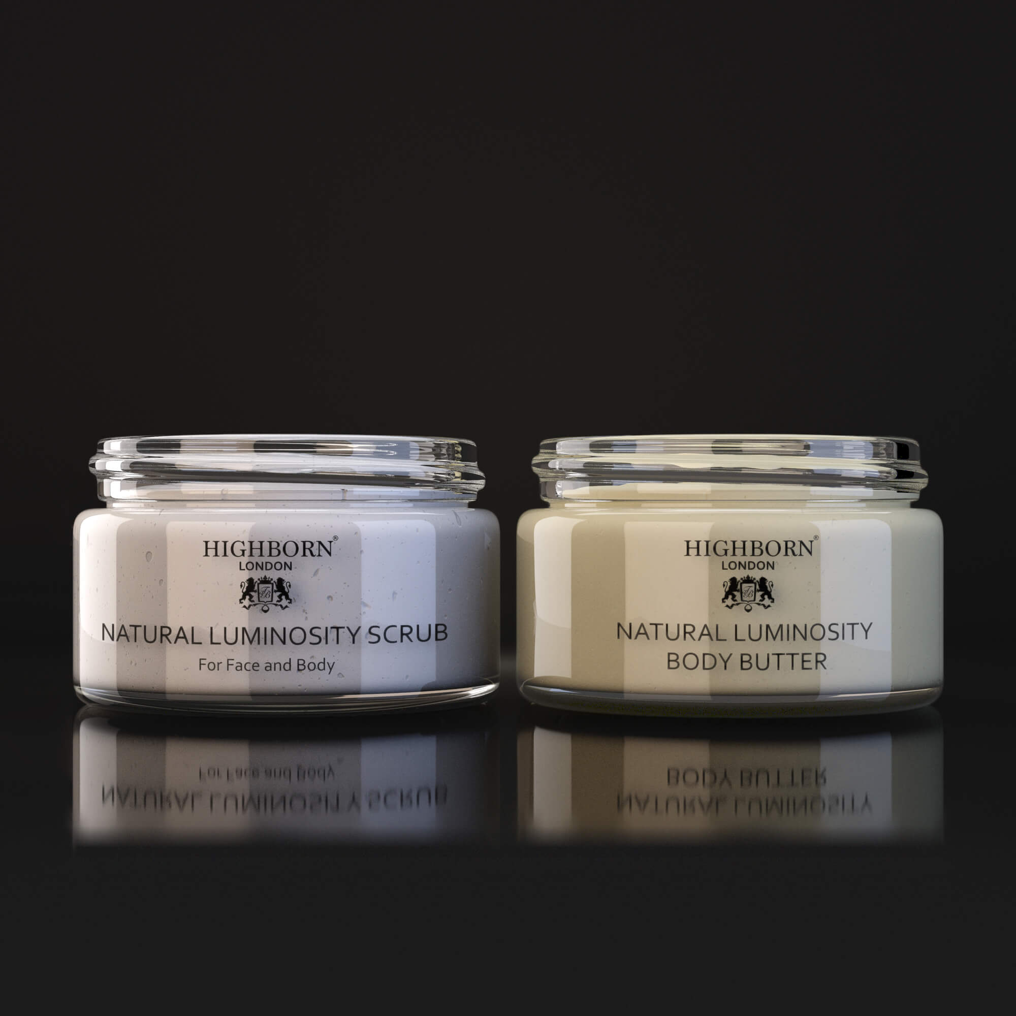 Highborn Luminosity Scrub and Body Butter skincare set on dark background
