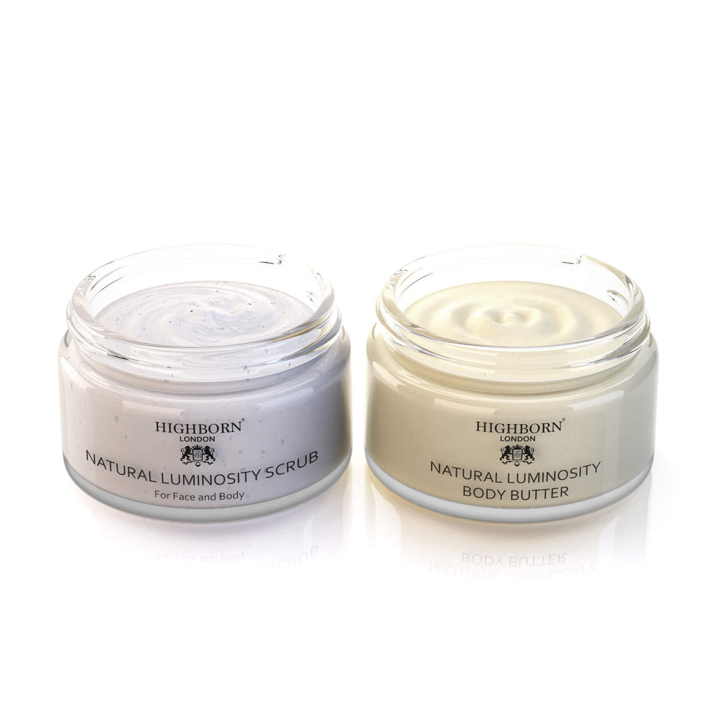 Highborn Luminosity Scrub and Body Butter skincare set on white background