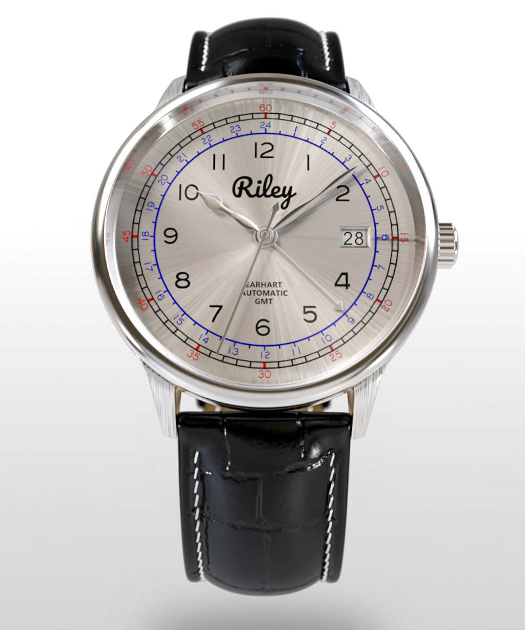 Riley Amelia Earhart AE01-GMT Electra Silver leather strap watch case detail