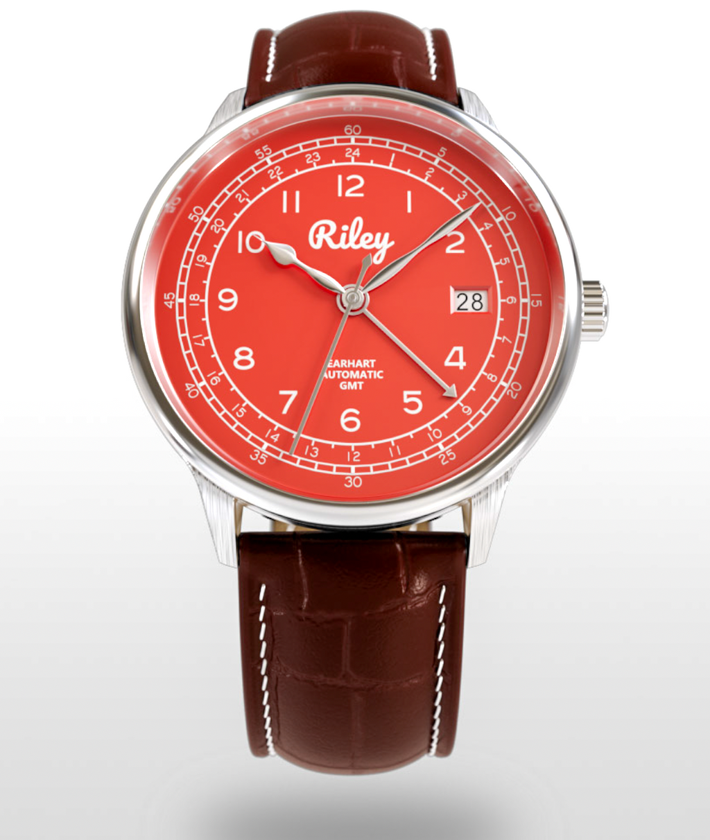 Riley Amelia Earhart AE01-GMT Vega Red leather strap watch exhibition caseback