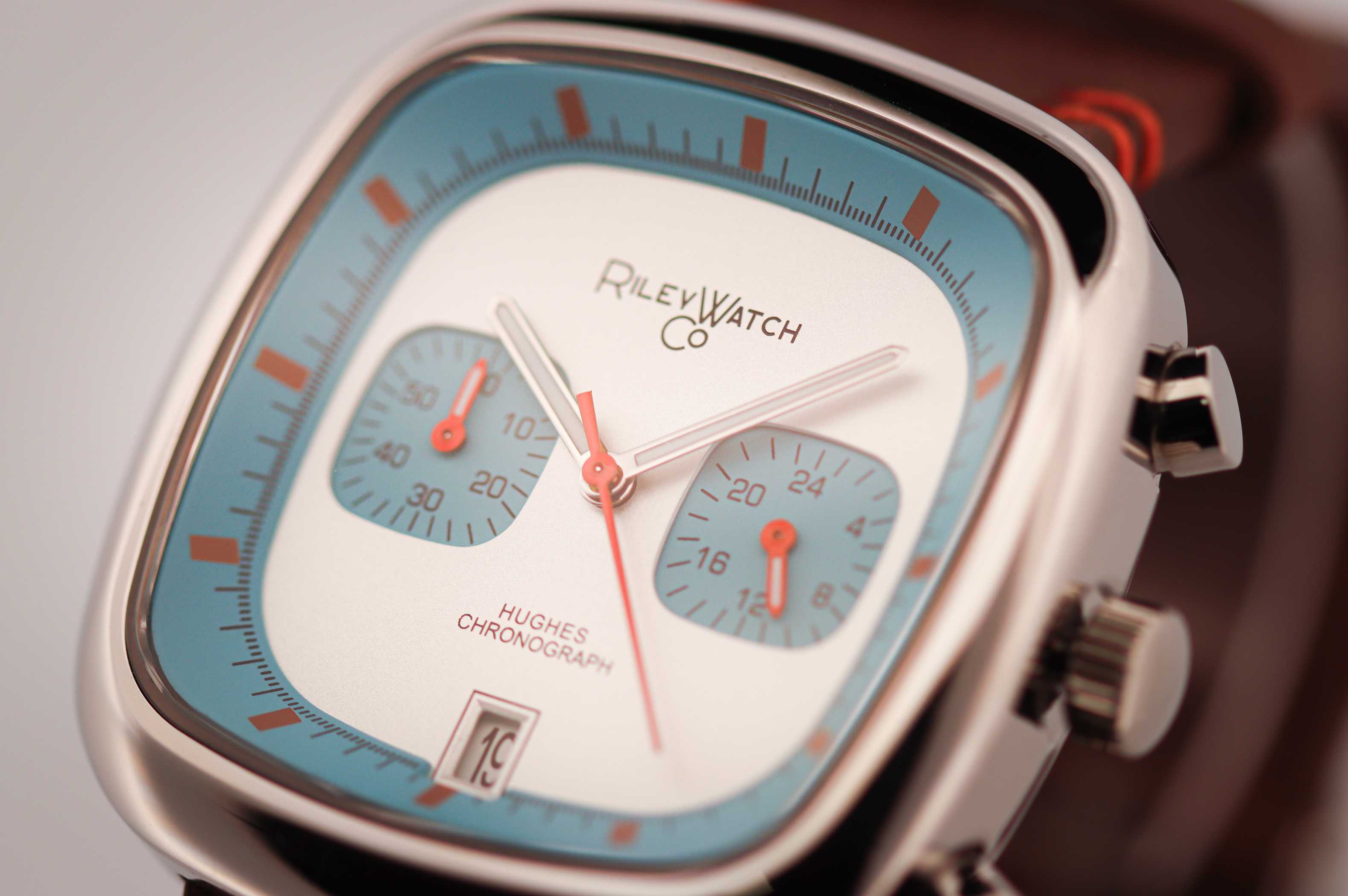 Riley Howard Hughes HH01 chronograph watch case detail