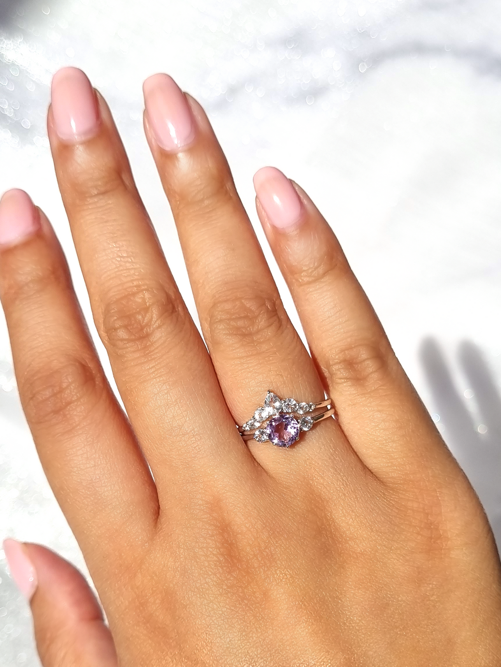 Selene lavender amethyst ring set in sterling silver on hand detail image