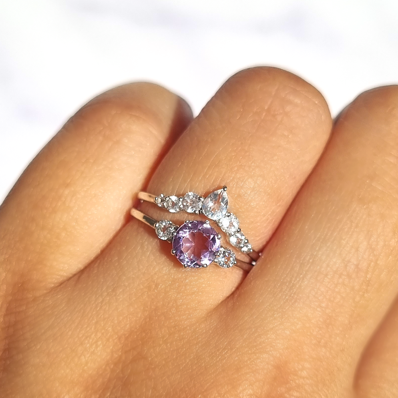 Selene lavender amethyst ring set in sterling silver on hand