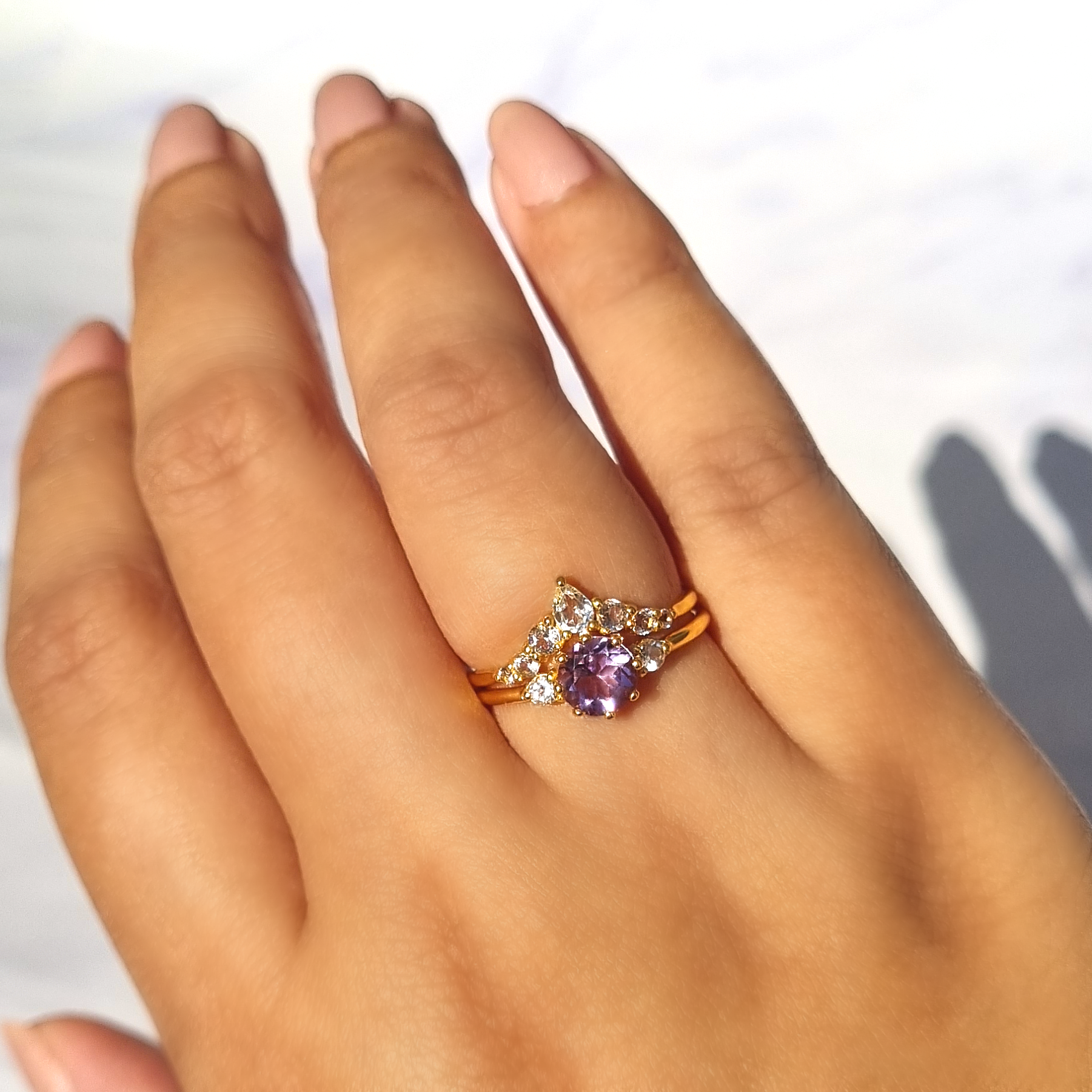 Selene lavender amethyst ring in 18k gold vermeil on hand detail image