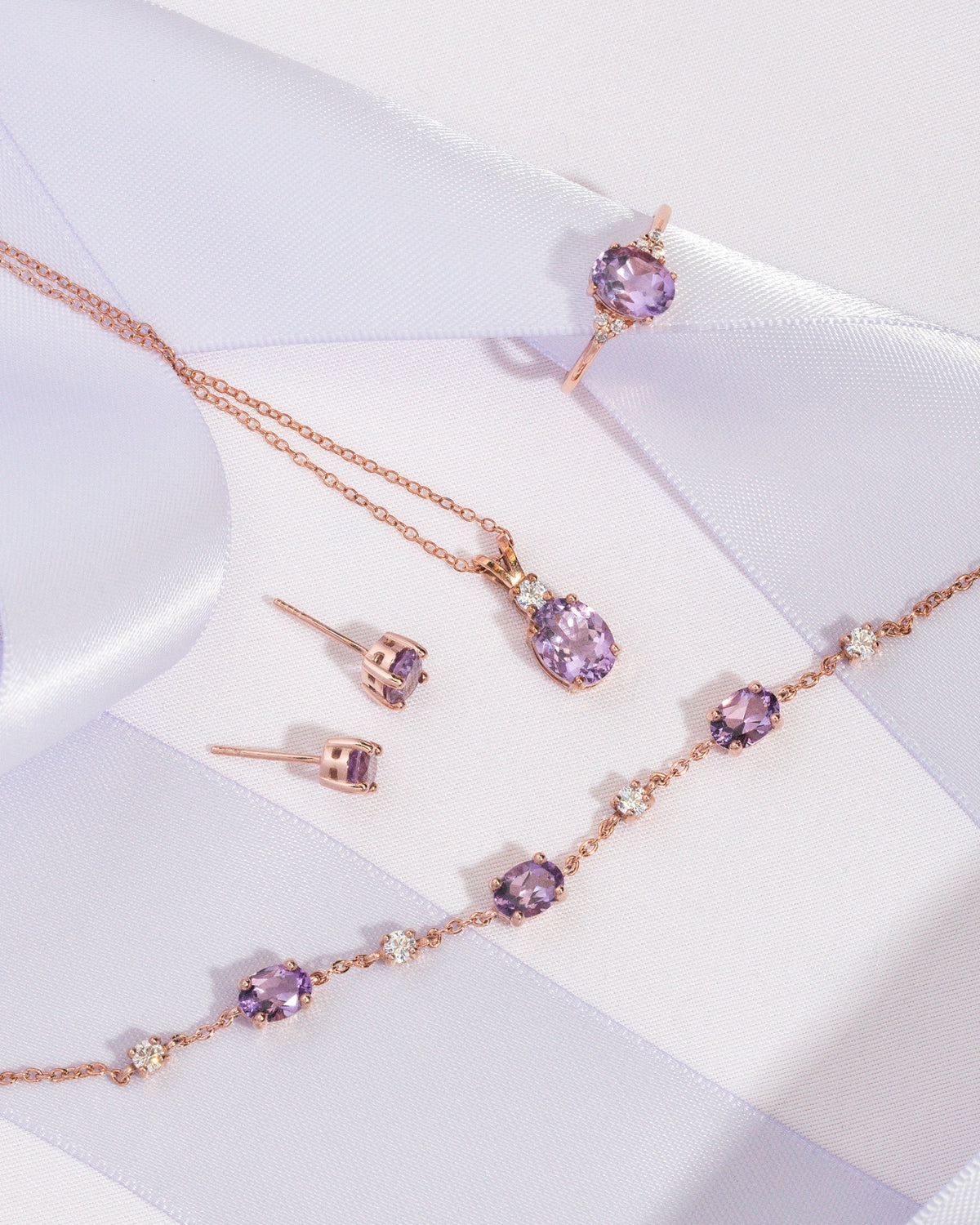 Lavender amethyst ring necklace stud earrings and bracelet set in 18k rose gold vermeil