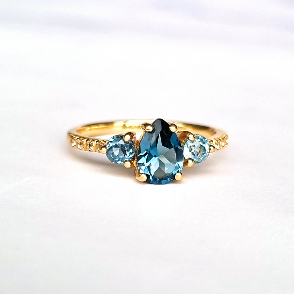 London blue and Swiss blue topaz pear cut ring in 18k gold vermeil detail image