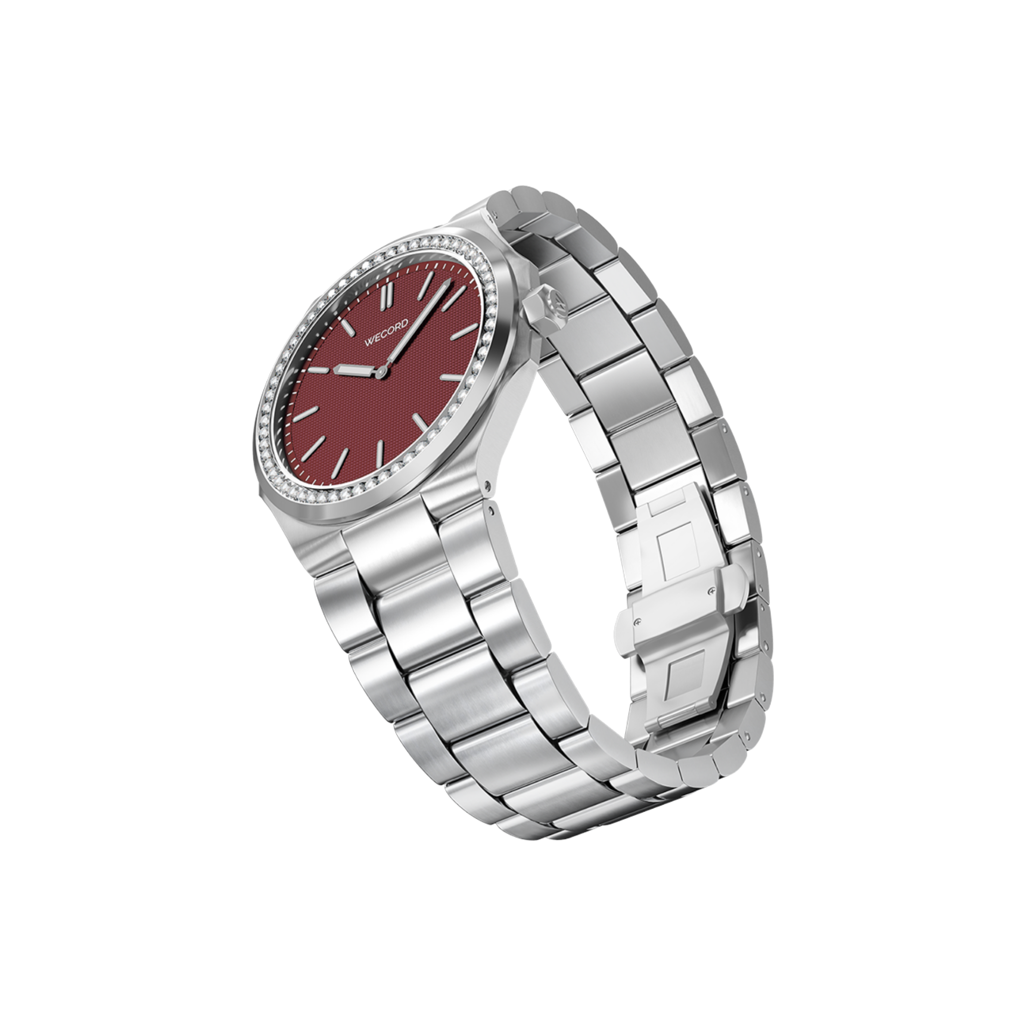 Wecord London Oliver Small Diamond watch side view in Burgundy
