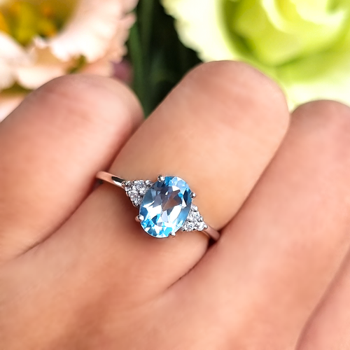 Sky blue topaz oval cut ring in sterling silver on hand