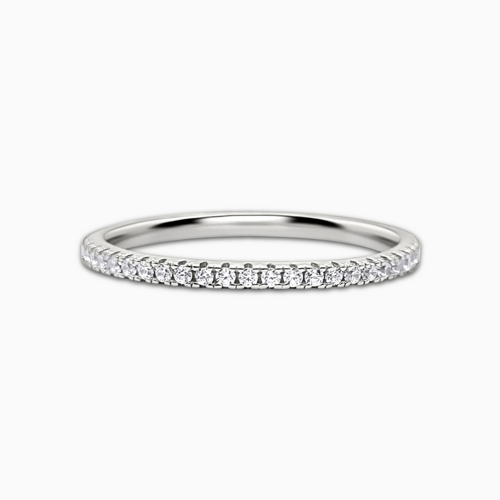 Slim full eternity ring with 1.2mm sterling silver band on white background