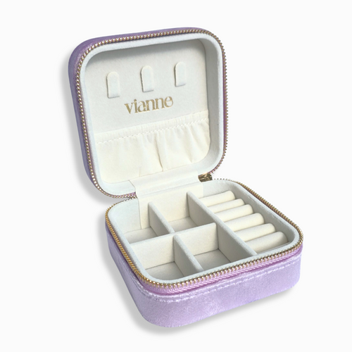 Lavender velvet jewellery travel case on white background