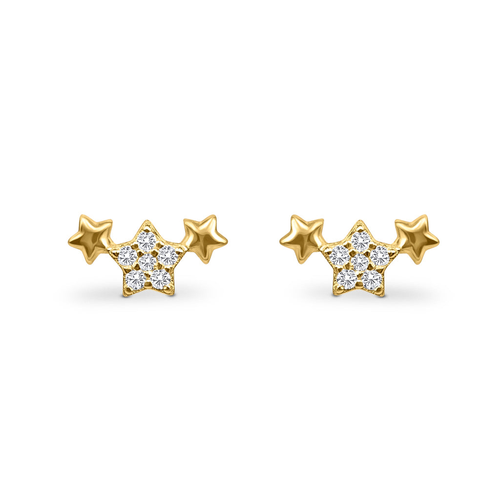 Trio of stars earrings in 18k gold plated sterling silver on white background