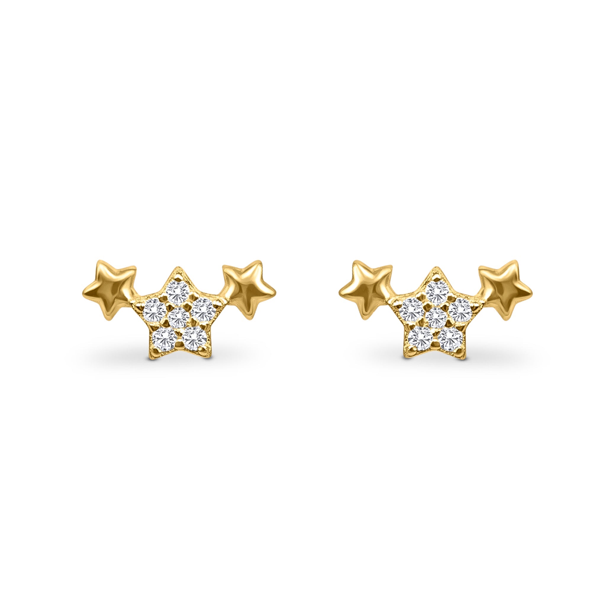 Trio of stars earrings in 18k gold plated sterling silver on white background