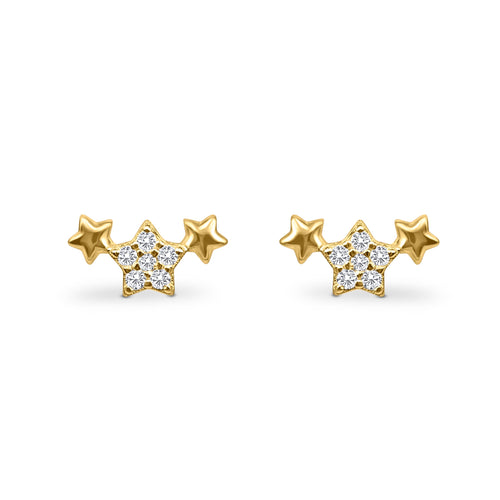 Trio of stars earrings in 18k gold plated sterling silver on white background