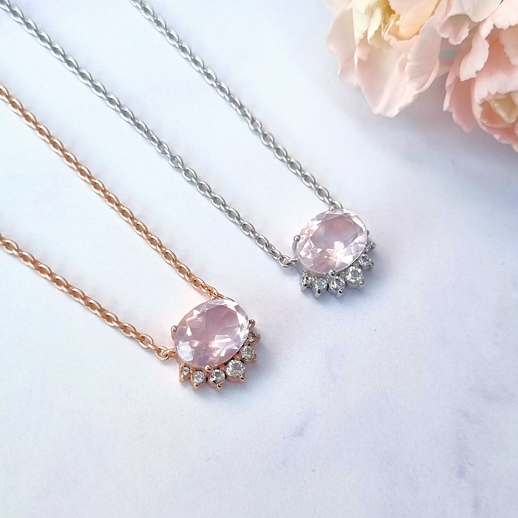 Aria rose quartz necklaces in sterling silver and 18k gold vermeil group image