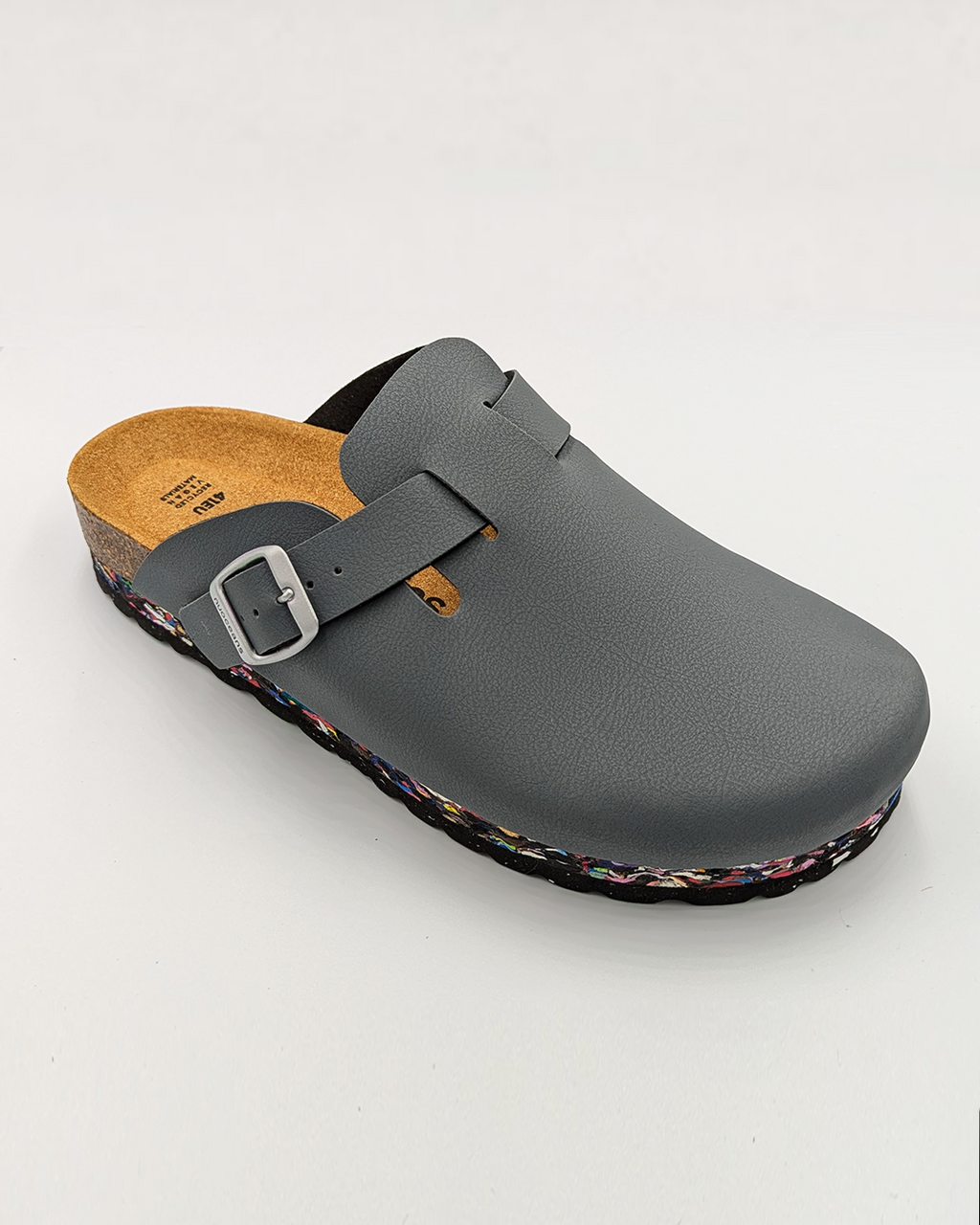 Nuoceans SMOKE grey blue vegan leather clog side view