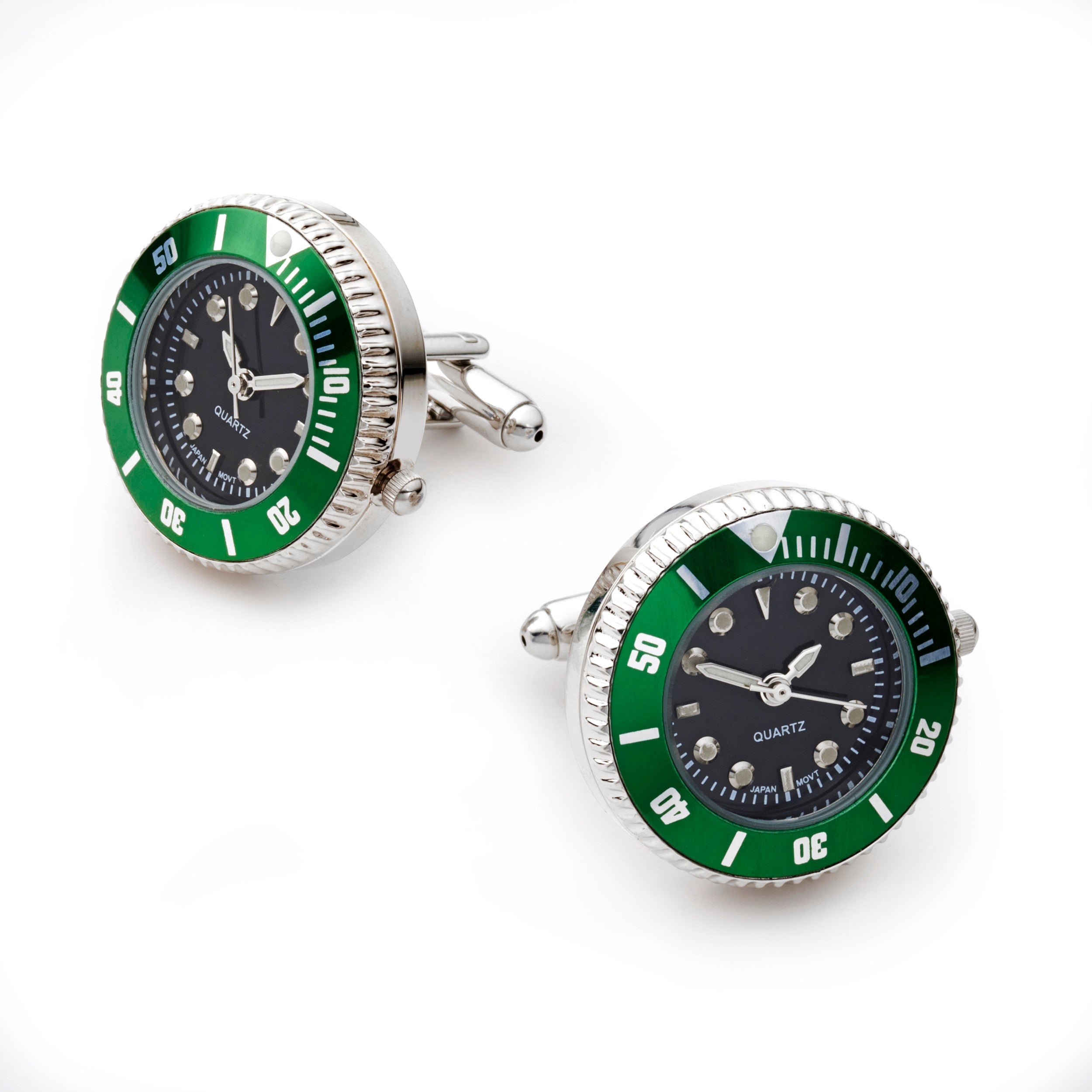 Green working watch cufflinks with quartz movement