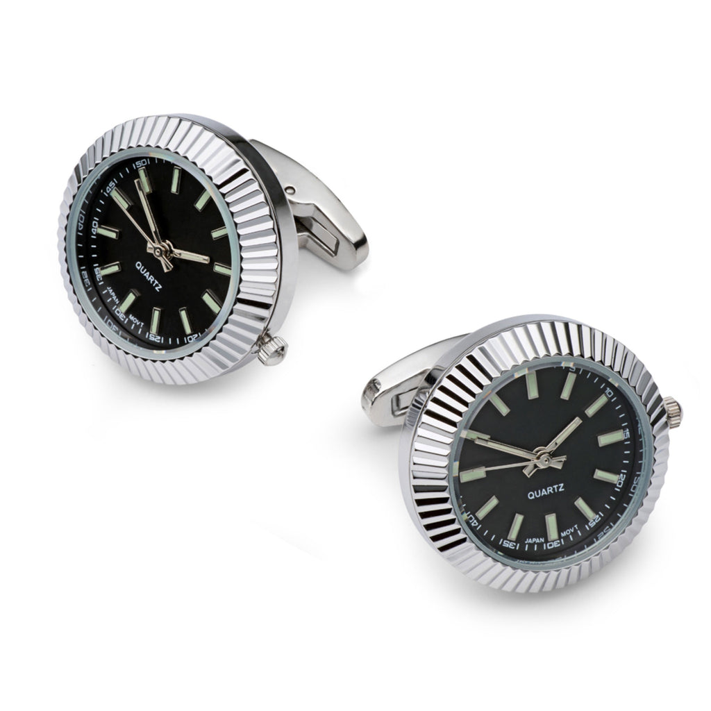 Silver black working watch cufflinks