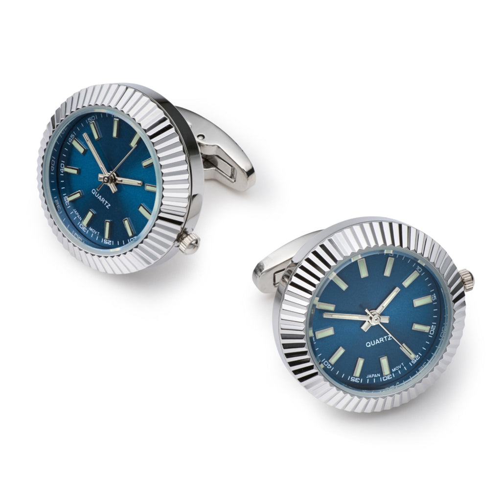 Silver and blue working watch cufflinks with quartz movement