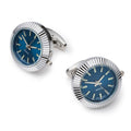 Silver and blue working watch cufflinks with quartz movement