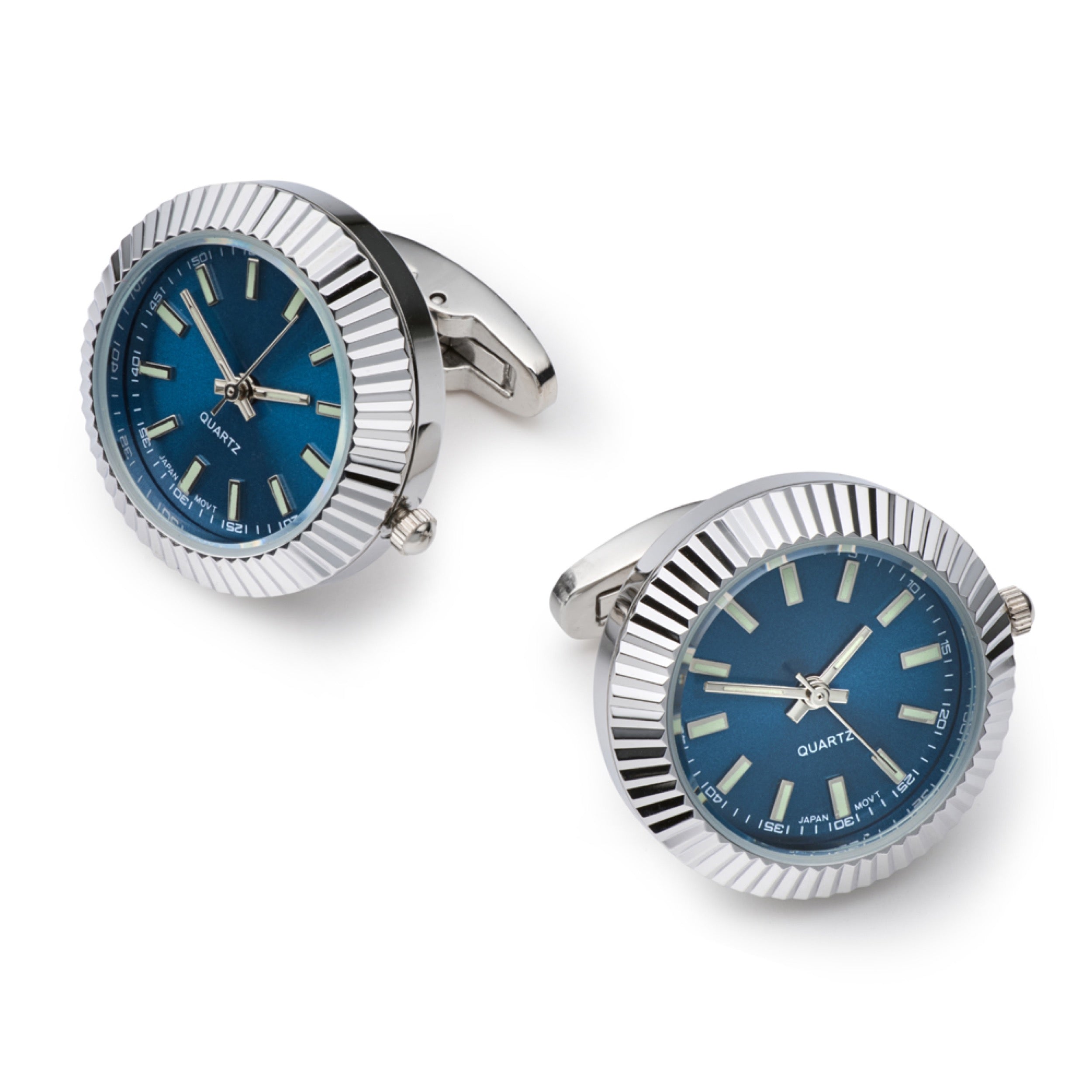 Silver and blue working watch cufflinks with quartz movement