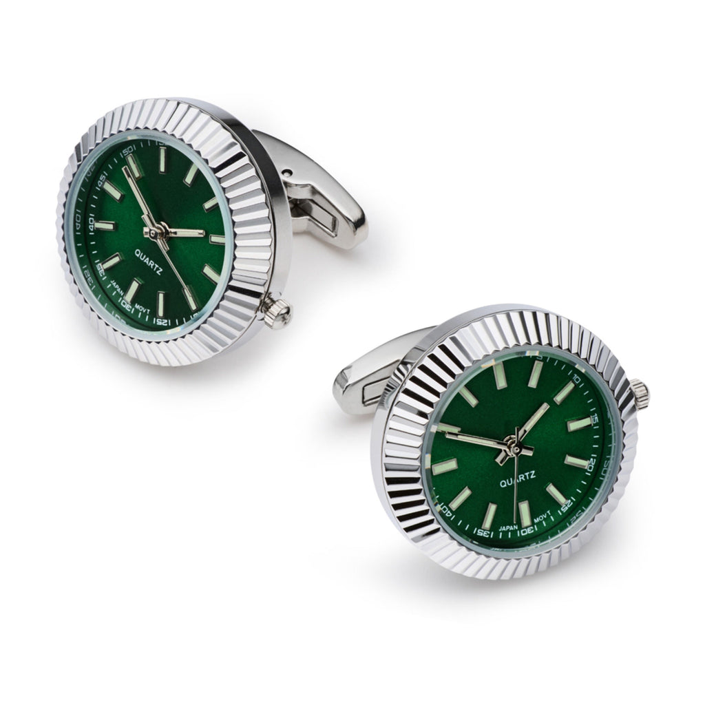 Silver and green working watch cufflinks with quartz movement