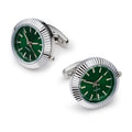 Silver and green working watch cufflinks with quartz movement