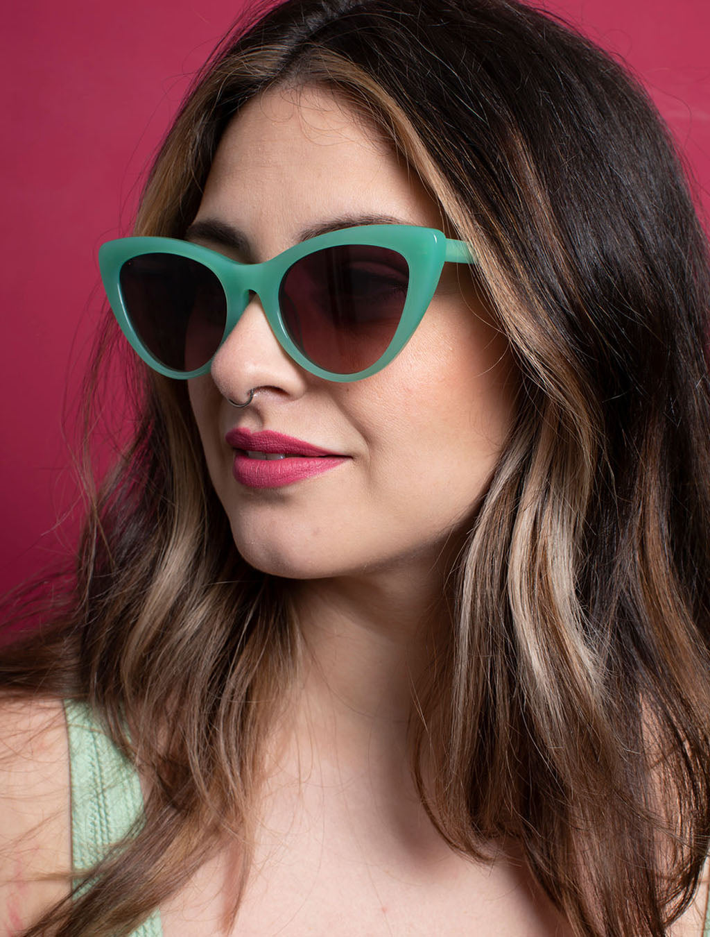 zoedepass Amy Spring green cat-eye sunglasses close-up on model
