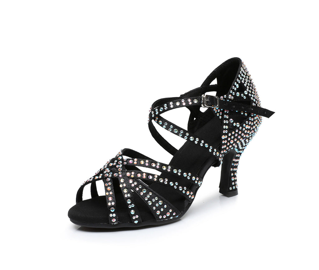 Kenike women's diamond Latin dance shoes black front view