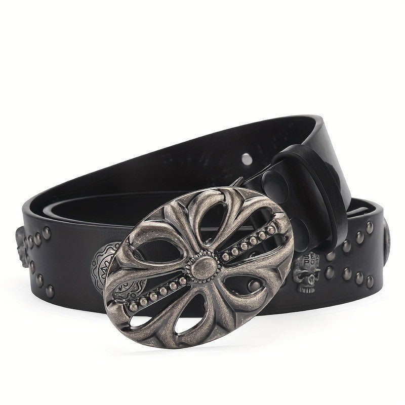 Kenike black skull rivet belt strap detail