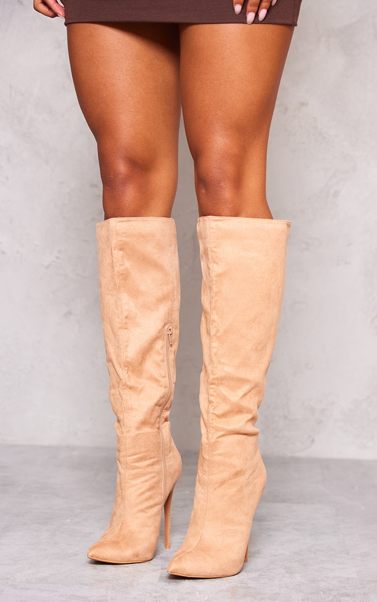 Kenike Emmi sand pointed toe knee high boots stiletto heel detail