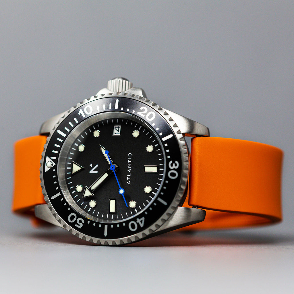 Rotate North Atlantic dive watch black dial with orange rubber strap