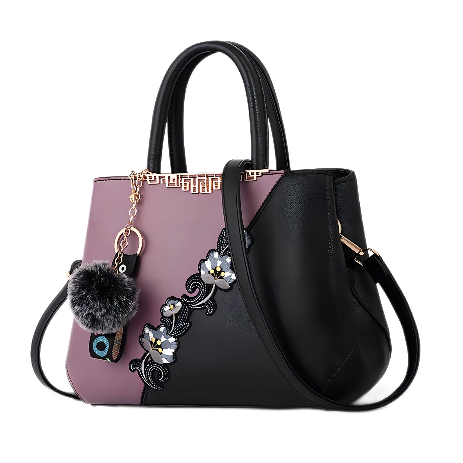 Kenike purple and black flower pattern spliced crossbody bag variant