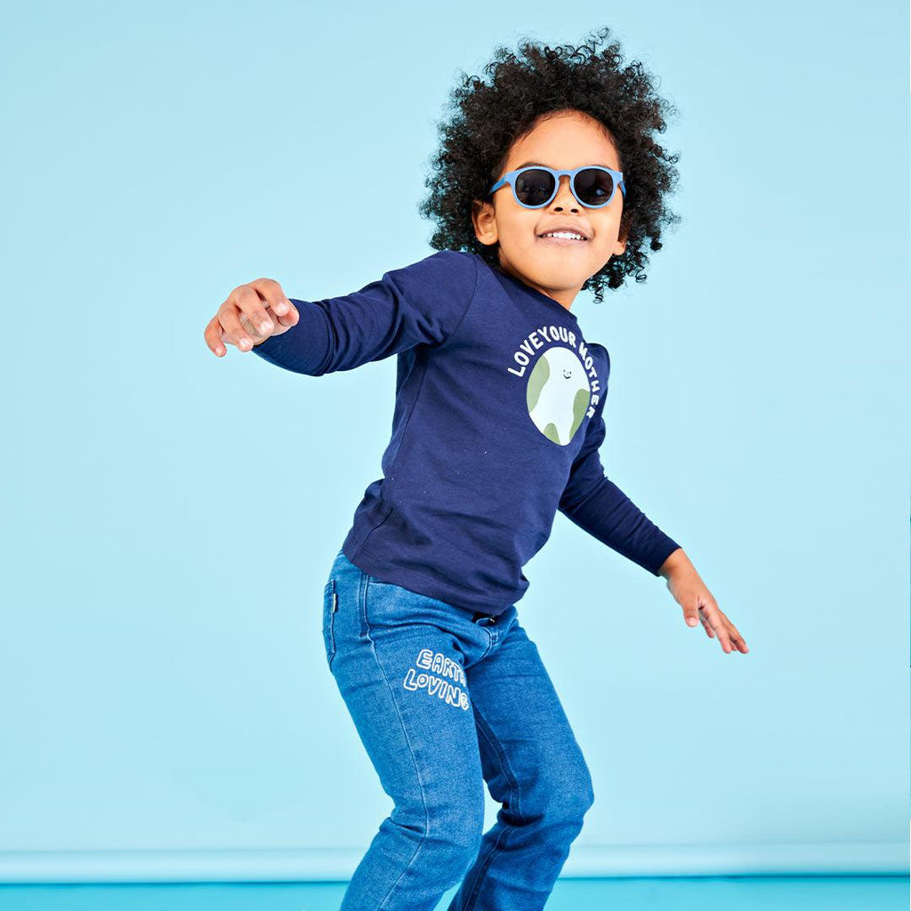 Babiators Eco Original Keyhole Pacific Blue kids sunglasses worn outdoors
