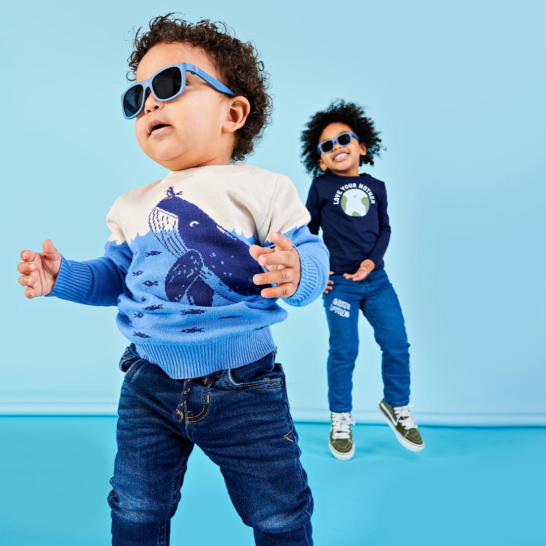 Babiators Eco Original Navigator Pacific Blue kids sunglasses worn outdoors