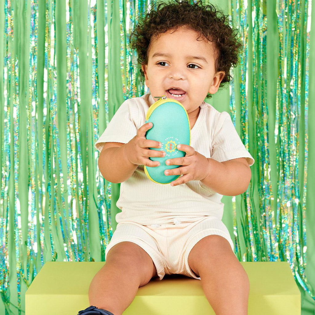 Babiators Aqua with Yellow Trim travel case lifestyle image