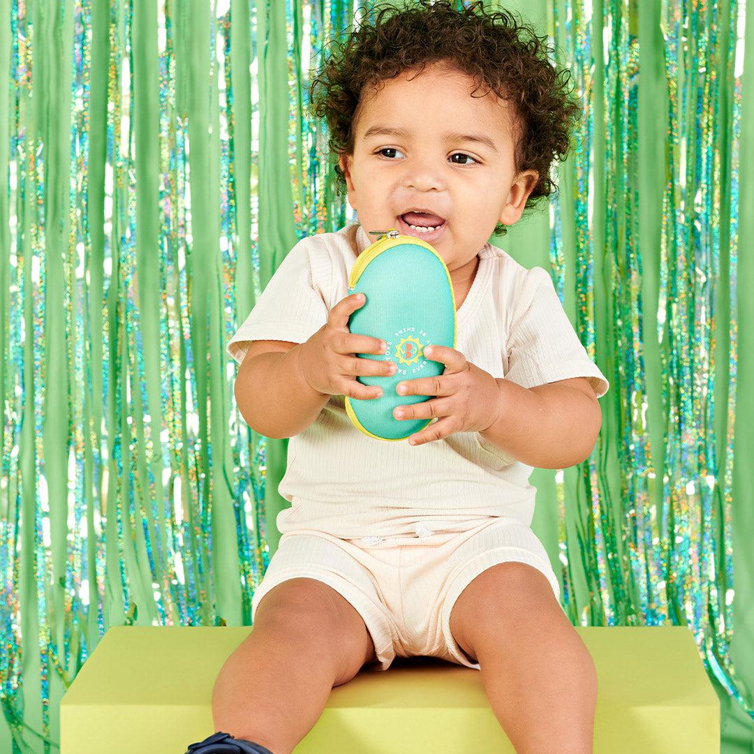 Babiators Aqua with Yellow Trim travel case lifestyle image
