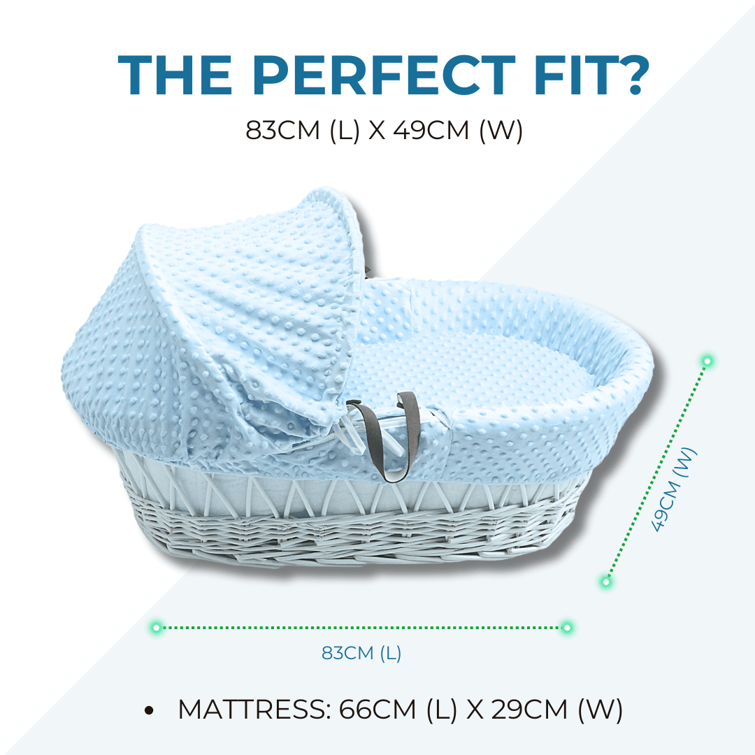 Blue waffle white wicker Moses basket and stand lifestyle image