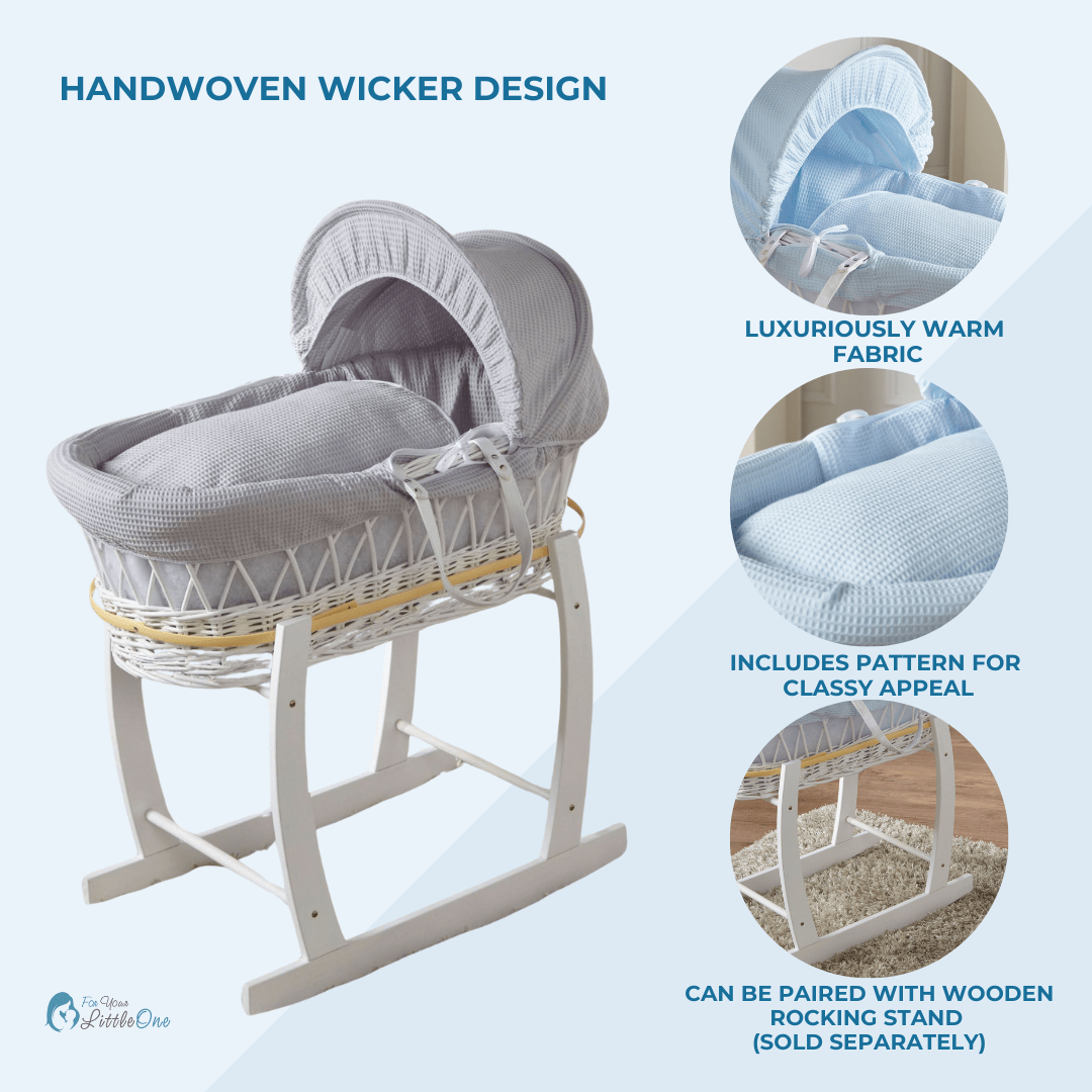 Blue waffle white wicker baby Moses basket with stand detail image