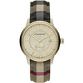 Burberry BU10001 The City watch front view with multicolour strap and gold dial